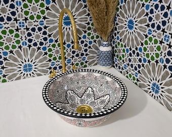 Lavabo de cerámica - Lavabo de baño pintado a mano - Lavabo de cerámica marroquí - Lavabo de baño - Lavabo de cerámica artesanal - Lavabo de baño decorativo