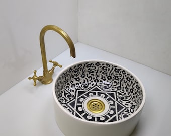 Ceramic Sink–Moroccan Handmade Black And White Ceramic Sink With Geometric Patterns–Moroccan Ceramic Sink–Handmade Ceramic Vanity Basin