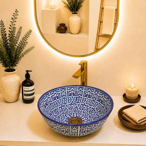 Ceramic sinks for bathroom,Blue Pattern Vessel Sink,Moroccan Design Basin,Artisan Bathroom Vanity Bowl,Decorative Handcrafted Ceramic Sink
