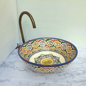 Handmade Moroccan Ceramic Sink–Vibrant Hand-Painted Basin– Artisan Bathroom Vessel–Handmade Moroccan Sink–Painted Ceramic Basin-Unique sink