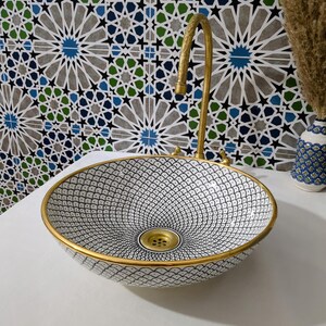Lavabo in ceramica marocchina - Lavabo da bagno - Lavabo in ceramica con bordo in rame - Lavandino in ceramica - Lavandino da bagno dipinto a mano - Lavandino in ceramica artigianale immagine 6