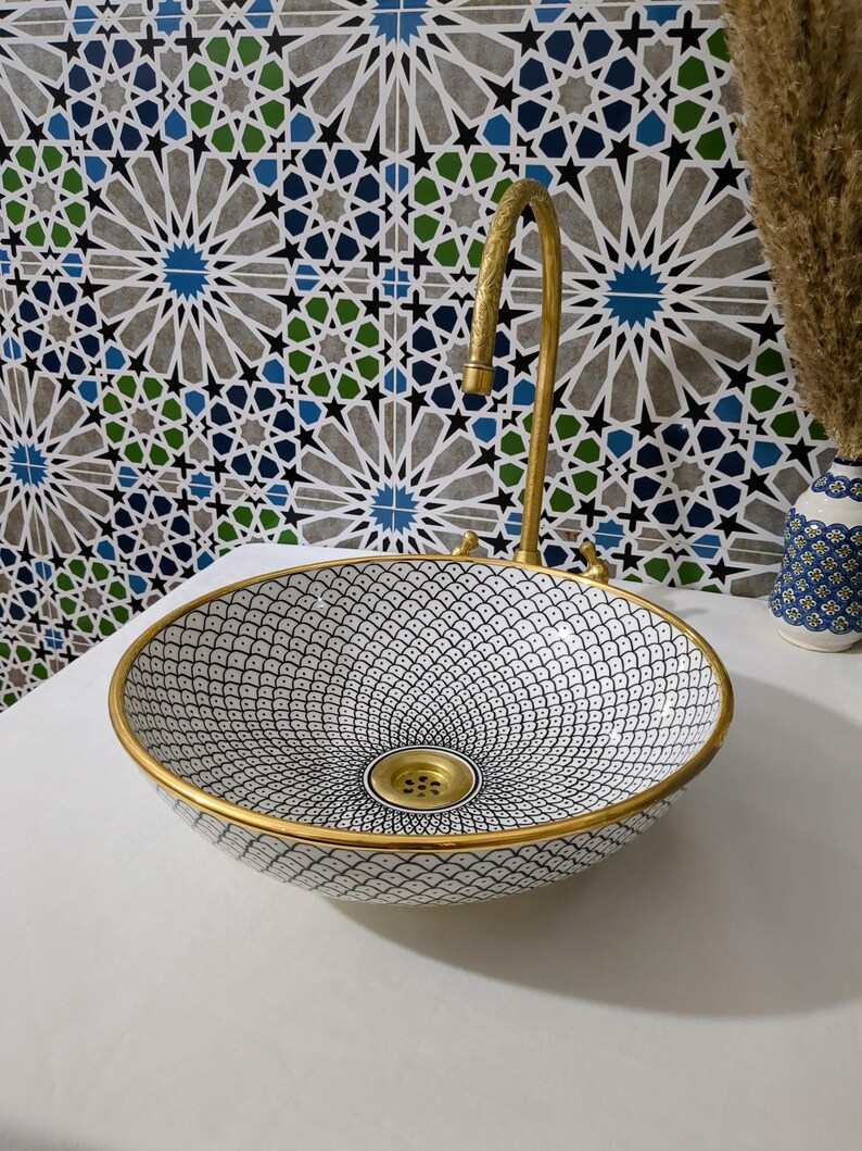 Lavabo in ceramica marocchina - Lavabo da bagno - Lavabo in ceramica con bordo in rame - Lavandino in ceramica - Lavandino da bagno dipinto a mano - Lavandino in ceramica artigianale immagine 6