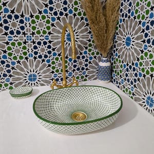 Moroccan Ceramic Basin Sink-Artisan Handcrafted Moroccan Pattern-Green Oval Ceramic Basin Sink-Artisan Design-Handcrafted Bathroom Decor image 15