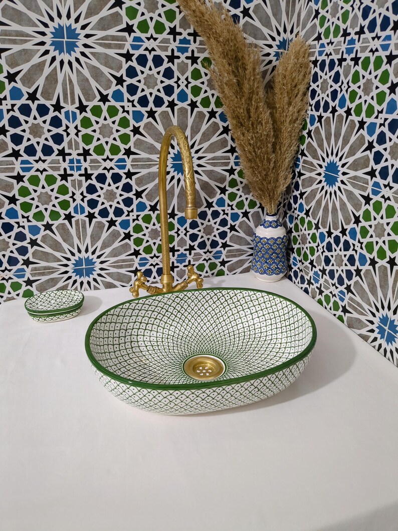 Moroccan Ceramic Basin Sink-Artisan Handcrafted Moroccan Pattern-Green Oval Ceramic Basin Sink-Artisan Design-Handcrafted Bathroom Decor image 15