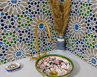 Lavabo de cerámica marroquí - Lavabo de cerámica - Tocador de baño artesanal - Lavabo de baño - Lavabo de encimera con estampado verde - Lavabo de baño único - Lavabo marroquí
