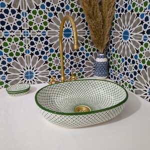 Moroccan Ceramic Basin Sink-Artisan Handcrafted Moroccan Pattern-Green Oval Ceramic Basin Sink-Artisan Design-Handcrafted Bathroom Decor image 10