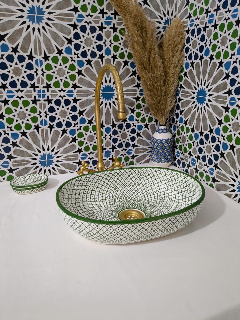 Moroccan Ceramic Basin Sink-Artisan Handcrafted Moroccan Pattern-Green Oval Ceramic Basin Sink-Artisan Design-Handcrafted Bathroom Decor image 10