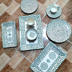Moroccan Green Geometric Hand-Painted Ceramic Tableware Set-Moroccan tableware-ceramic set-artisan ceramics-traditional Moroccan-ceramic set