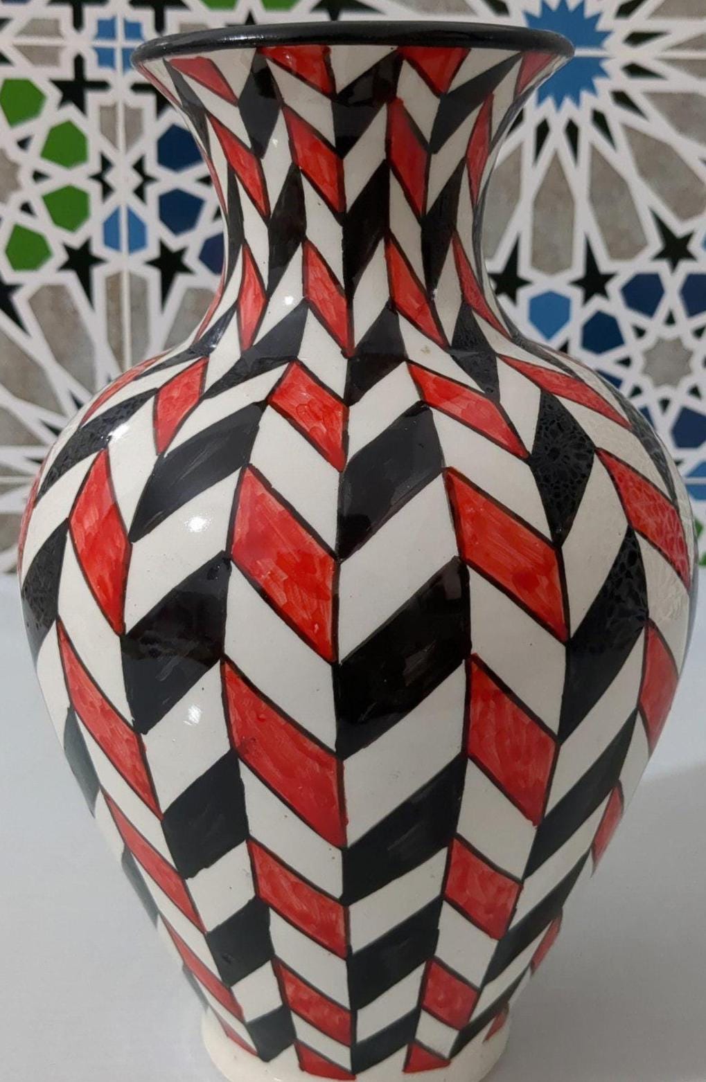 陶器の花瓶 - モロッコ風陶器の花瓶 - 手描きの幾何学模様