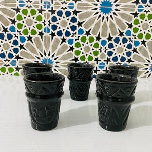 Black Moroccan Tea Cups–Handmade Ceramic Set of 5–Traditional Embossed Design-Handmade pottery-Kitchen accessories-Moroccan tea cups-ScayFez