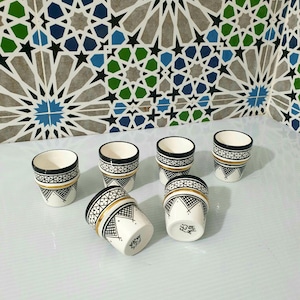 Moroccan Ceramic Tea Glasses-Set of 6-Handcrafted Drinkware-Bohemian Style Tableware-Moroccan Home Decor-Gold Accent-Kitchen accessories