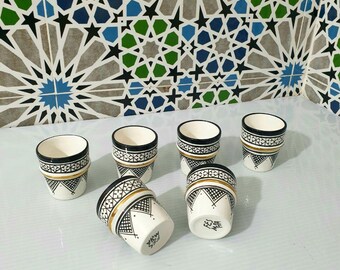 Moroccan Ceramic Glasses-Set of 6-Handcrafted Drinkware-Bohemian Style Tableware-Moroccan Home Decor-14k Gold Accent-Kitchen accessories