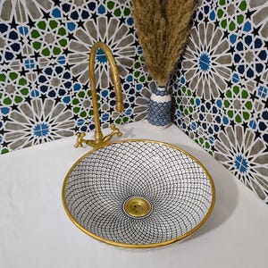 Lavabo in ceramica marocchina - Lavabo da bagno - Lavabo in ceramica con bordo in rame - Lavandino in ceramica - Lavandino da bagno dipinto a mano - Lavandino in ceramica artigianale immagine 16