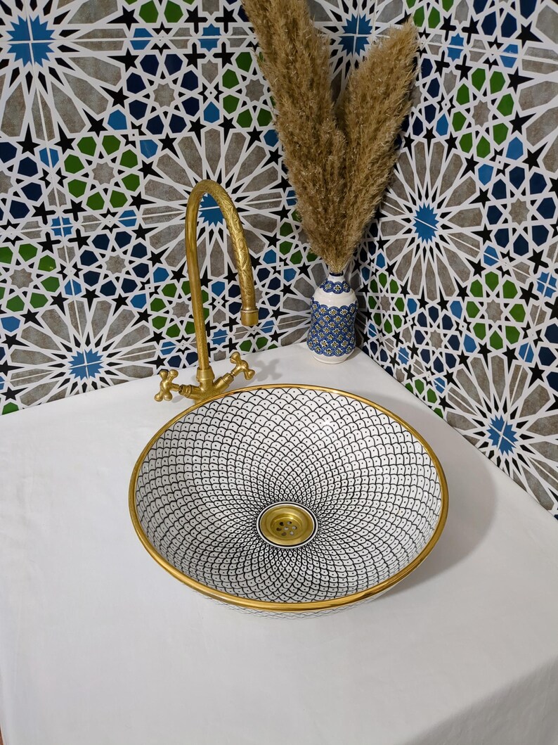 Lavabo in ceramica marocchina - Lavabo da bagno - Lavabo in ceramica con bordo in rame - Lavandino in ceramica - Lavandino da bagno dipinto a mano - Lavandino in ceramica artigianale immagine 16