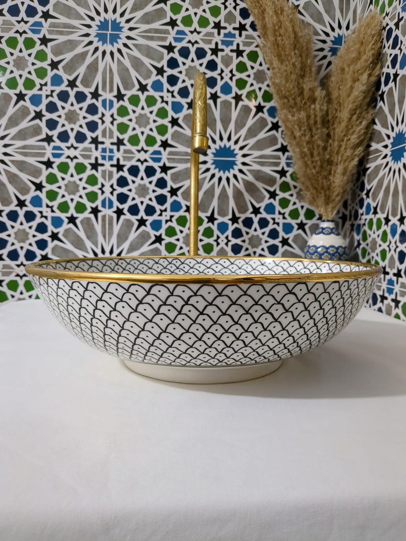 Lavabo in ceramica marocchina - Lavabo da bagno - Lavabo in ceramica con bordo in rame - Lavandino in ceramica - Lavandino da bagno dipinto a mano - Lavandino in ceramica artigianale immagine 2