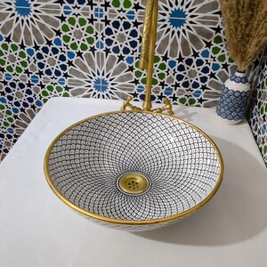 Lavabo in ceramica marocchina - Lavabo da bagno - Lavabo in ceramica con bordo in rame - Lavandino in ceramica - Lavandino da bagno dipinto a mano - Lavandino in ceramica artigianale immagine 8