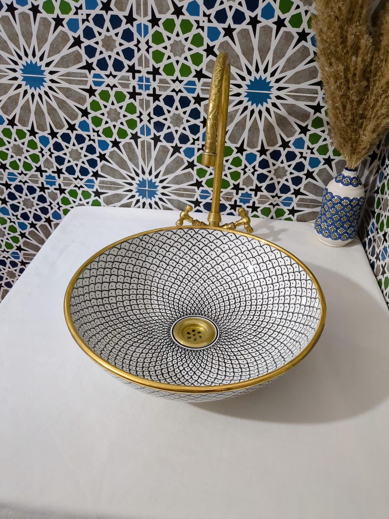 Lavabo in ceramica marocchina - Lavabo da bagno - Lavabo in ceramica con bordo in rame - Lavandino in ceramica - Lavandino da bagno dipinto a mano - Lavandino in ceramica artigianale immagine 8