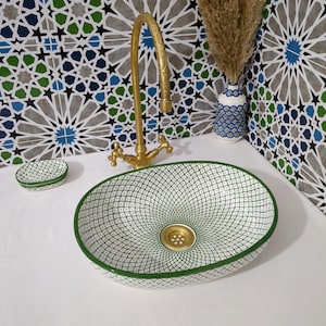 Moroccan Ceramic Basin Sink-Artisan Handcrafted Moroccan Pattern-Green Oval Ceramic Basin Sink-Artisan Design-Handcrafted Bathroom Decor image 7
