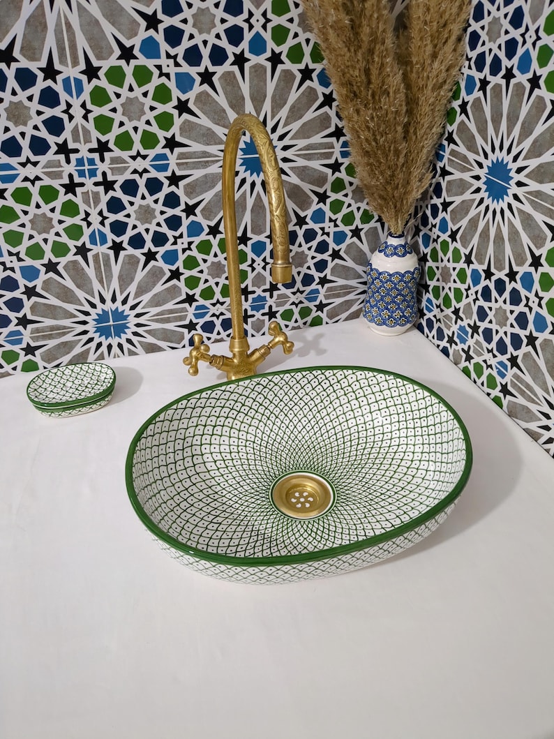 Moroccan Ceramic Basin Sink-Artisan Handcrafted Moroccan Pattern-Green Oval Ceramic Basin Sink-Artisan Design-Handcrafted Bathroom Decor image 7
