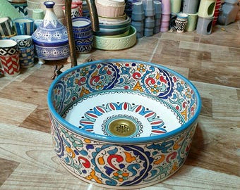 ハンドメイドセラミック洗面台 - ハンドメイドモロッコセラミックシンク洗面台 - マルチカラー花柄洗面台 - モロッコシンク - バスルームシンク - ScayFez