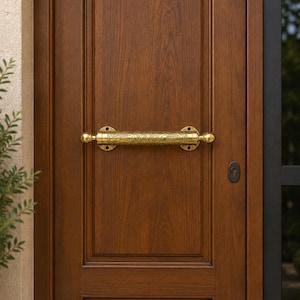 May include: A dark brown wooden door featuring a horizontal brass door handle with an intricate engraved floral pattern. The handle is mounted with circular plates at each end, and a dark metal keyhole escutcheon is positioned below the handle.