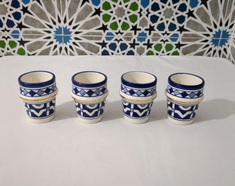 14k Gold Rim Cups-Moroccan Ceramic Goblets-Handmade Moroccan Ceramic Cups–Handmade Pottery–Hand-Painted Blue And White Cups with Gold Trim