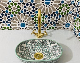Moroccan Ceramic Sink-Hand-Painted Bathroom Vessel-Moroccan ceramic sink-Moroccan Ceramic Basin Sink-Artisan Handcrafted Moroccan Pattern