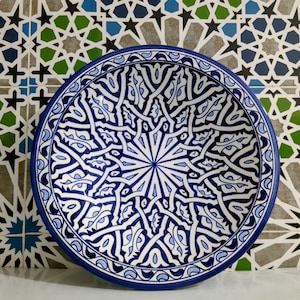 Hand-Painted Moroccan Plate-Blue And White Fez Ceramic Dish-Geometric Wall Art or Table Decor-Handmade Plate-Handcrafted Ceramic Plate