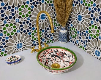 Moroccan Ceramic Sink-Ceramic Sink-Artisan Bathroom Vanity Bowl-Bathroom sink-Green Pattern Vessel Sink-Unique Bathroom Sink-Moroccan Sink