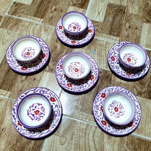 ceramic set-handmade ceramics-tableware set-decorative plates-Handcrafted Ceramic Set with Floral Designs–6-Piece Bowl and Plate Set-pottery