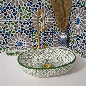 Moroccan Ceramic Basin Sink-Artisan Handcrafted Moroccan Pattern-Green Oval Ceramic Basin Sink-Artisan Design-Handcrafted Bathroom Decor image 19