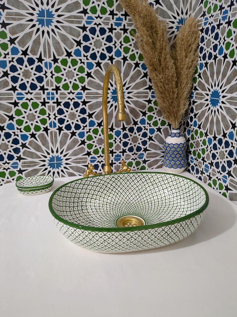 Moroccan Ceramic Basin Sink-Artisan Handcrafted Moroccan Pattern-Green Oval Ceramic Basin Sink-Artisan Design-Handcrafted Bathroom Decor image 19