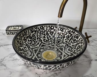 Moroccan Ceramic Basin – Handmade Moroccan Ceramic Sink –Black And White Mandala Vessel Basin–Artisan Bathroom Vessel–Handmade Moroccan Sink