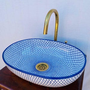 Handcrafted Blue Ceramic Sink-Moroccan sink-Elegant Bathroom Vessel-Ceramic sink-Artisan Bathroom Vessel-Handmade Ceramic Wash Basin-ScayFez