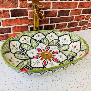 Lavabo ovalado de cerámica pintado a mano - Lavabo de estilo marroquí - Tocador artesanal único - Decoración de baño elegante y artesanal - Juego de lavabo marroquí