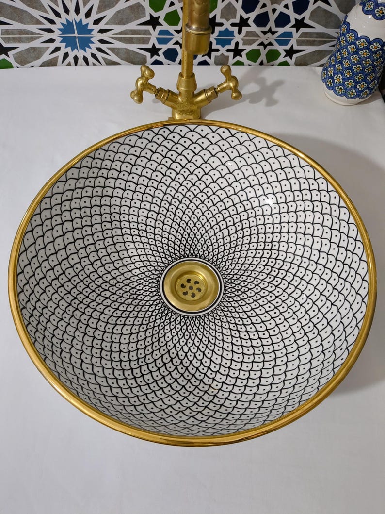 Lavabo in ceramica marocchina - Lavabo da bagno - Lavabo in ceramica con bordo in rame - Lavandino in ceramica - Lavandino da bagno dipinto a mano - Lavandino in ceramica artigianale immagine 5