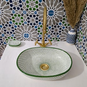 Moroccan Ceramic Basin Sink-Artisan Handcrafted Moroccan Pattern-Green Oval Ceramic Basin Sink-Artisan Design-Handcrafted Bathroom Decor image 11