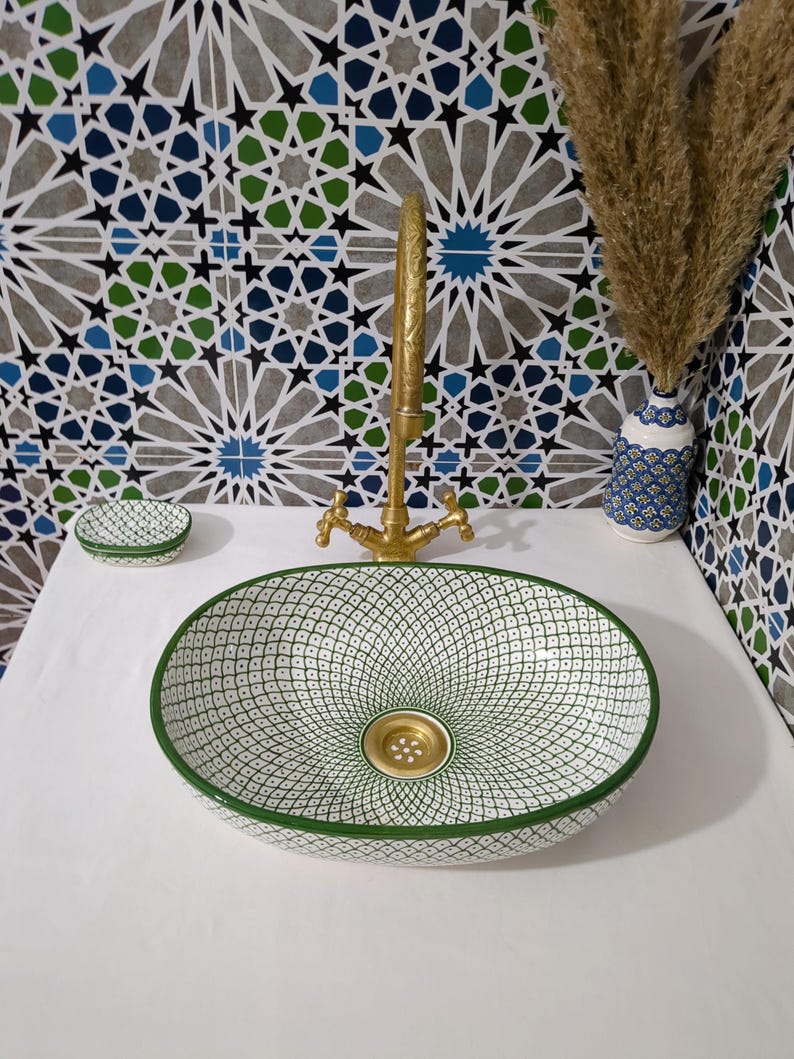 Moroccan Ceramic Basin Sink-Artisan Handcrafted Moroccan Pattern-Green Oval Ceramic Basin Sink-Artisan Design-Handcrafted Bathroom Decor image 11