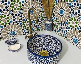 Moroccan Handmade Blue Ceramic Sink Basin with Geometric Patterns–Artisan Bathroom or Kitchen Wash Basin-Handmade Ceramic Vanity Basin