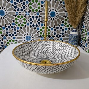 Lavabo in ceramica marocchina - Lavabo da bagno - Lavabo in ceramica con bordo in rame - Lavandino in ceramica - Lavandino da bagno dipinto a mano - Lavandino in ceramica artigianale immagine 3