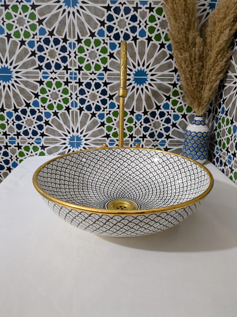 Lavabo in ceramica marocchina - Lavabo da bagno - Lavabo in ceramica con bordo in rame - Lavandino in ceramica - Lavandino da bagno dipinto a mano - Lavandino in ceramica artigianale immagine 3