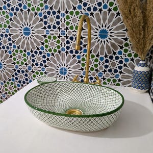 Moroccan Ceramic Basin Sink-Artisan Handcrafted Moroccan Pattern-Green Oval Ceramic Basin Sink-Artisan Design-Handcrafted Bathroom Decor image 13