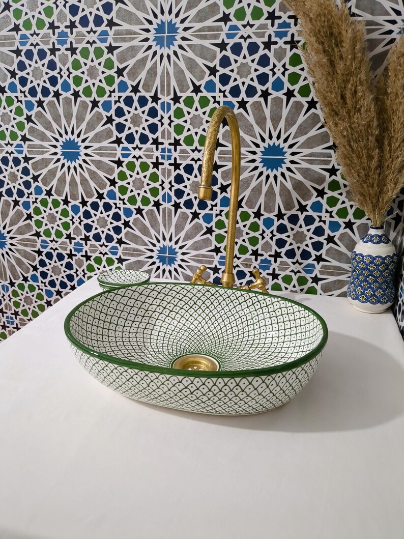Moroccan Ceramic Basin Sink-Artisan Handcrafted Moroccan Pattern-Green Oval Ceramic Basin Sink-Artisan Design-Handcrafted Bathroom Decor image 13