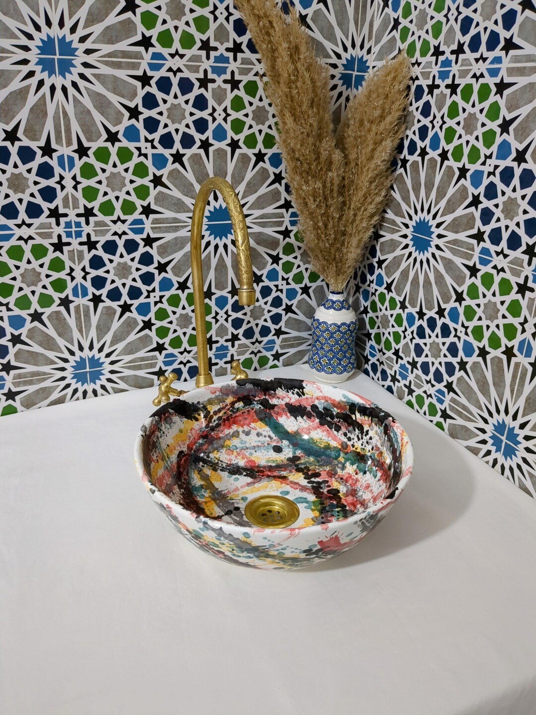 Ceramic Sink–handmade Moroccan Ceramic Sink–multicolor Abstract Painted ...