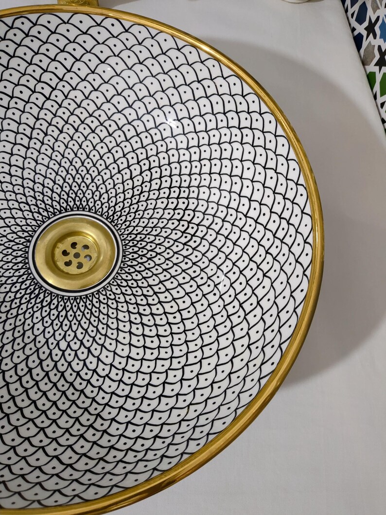 Lavabo in ceramica marocchina - Lavabo da bagno - Lavabo in ceramica con bordo in rame - Lavandino in ceramica - Lavandino da bagno dipinto a mano - Lavandino in ceramica artigianale immagine 10
