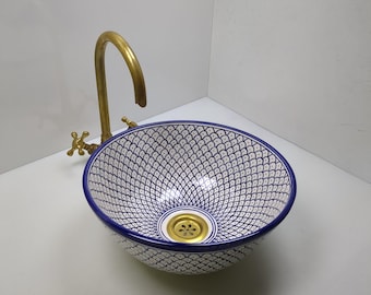Ceramic sinks for bathroom-Blue Pattern Vessel Sink,Hand-Painted Blue And White Vessel Basin,Moroccan Design Basin-Artisan Bathroom Sink