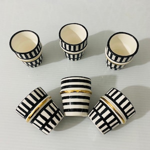 Handmade Moroccan Ceramic Cups: Black & White Striped Gold Accent