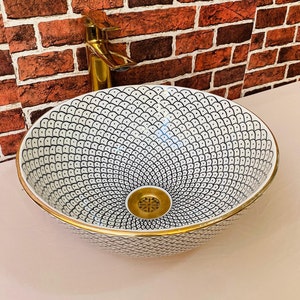 Lavabo de baño - Lavabo de cerámica con borde dorado - Lavabo de cerámica - Lavabo de baño pintado a mano - Lavabo de cerámica marroquí - Lavabo de cerámica hecho a mano