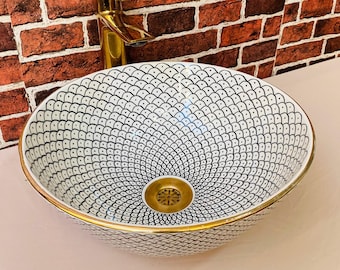 Bathroom Wash Basin-14k Gold Rim Ceramic Wash basin-Ceramic Sink-Hand Painted Bathroom Sink-Moroccan Ceramic Basin-Handcrafted Pottery Basin