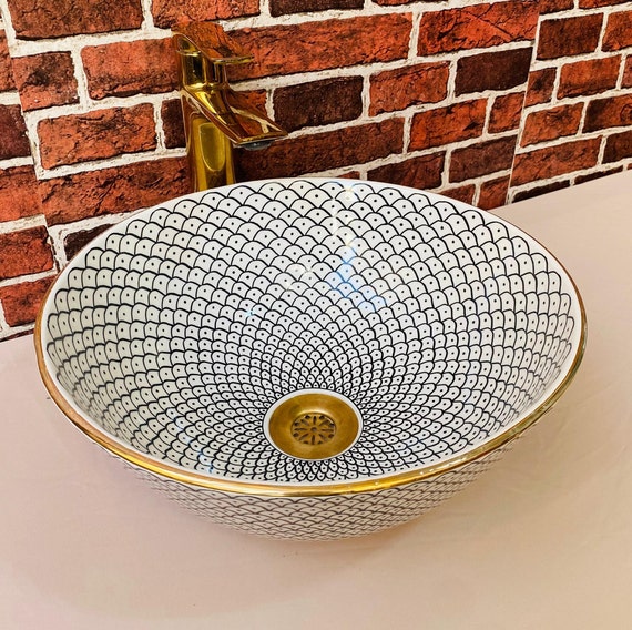 Bathroom Wash Basin-14k Gold Rim Ceramic Wash basin-Ceramic Sink-Hand Painted Bathroom Sink-Moroccan Ceramic Basin-Handcrafted Pottery Basin
